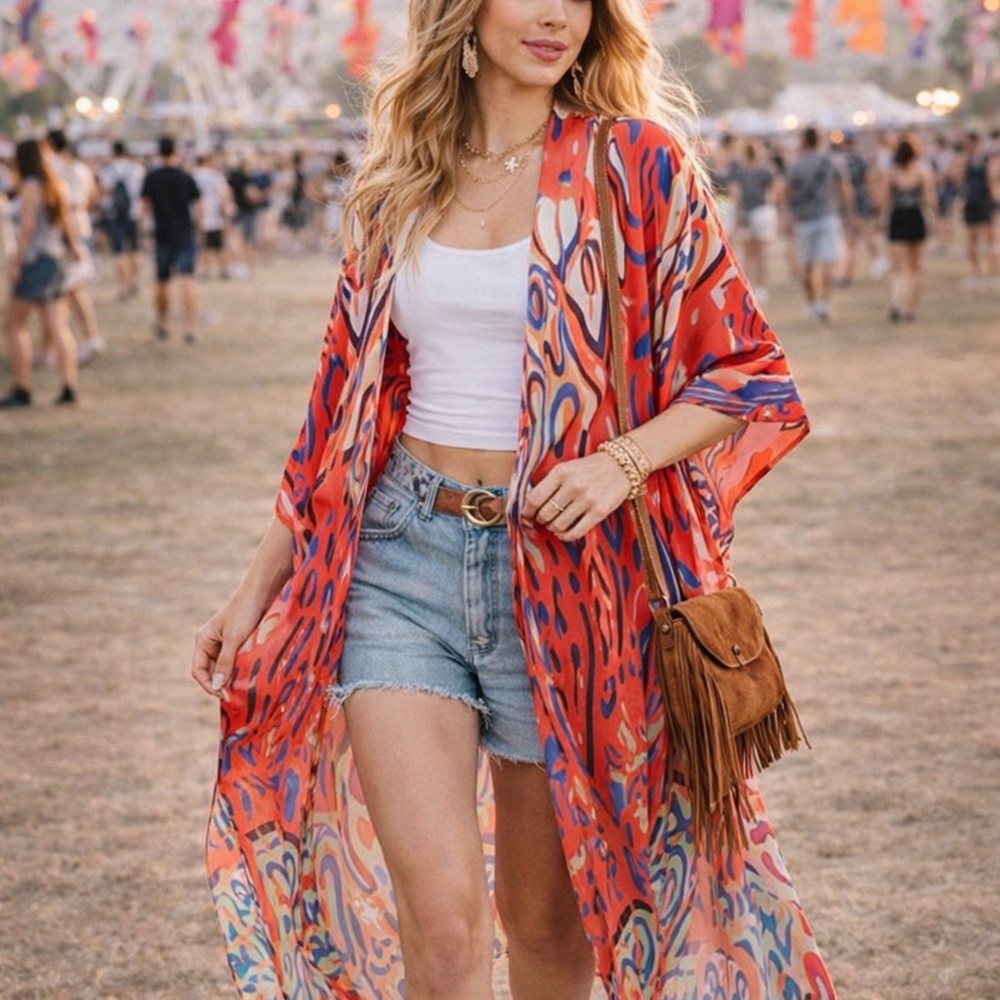 Boho Red Patterned Summer Kimono
